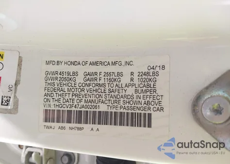 2018 Honda Accord Hybrid Ex from USA, damaged, VIN 1HGCV3F47JA002061